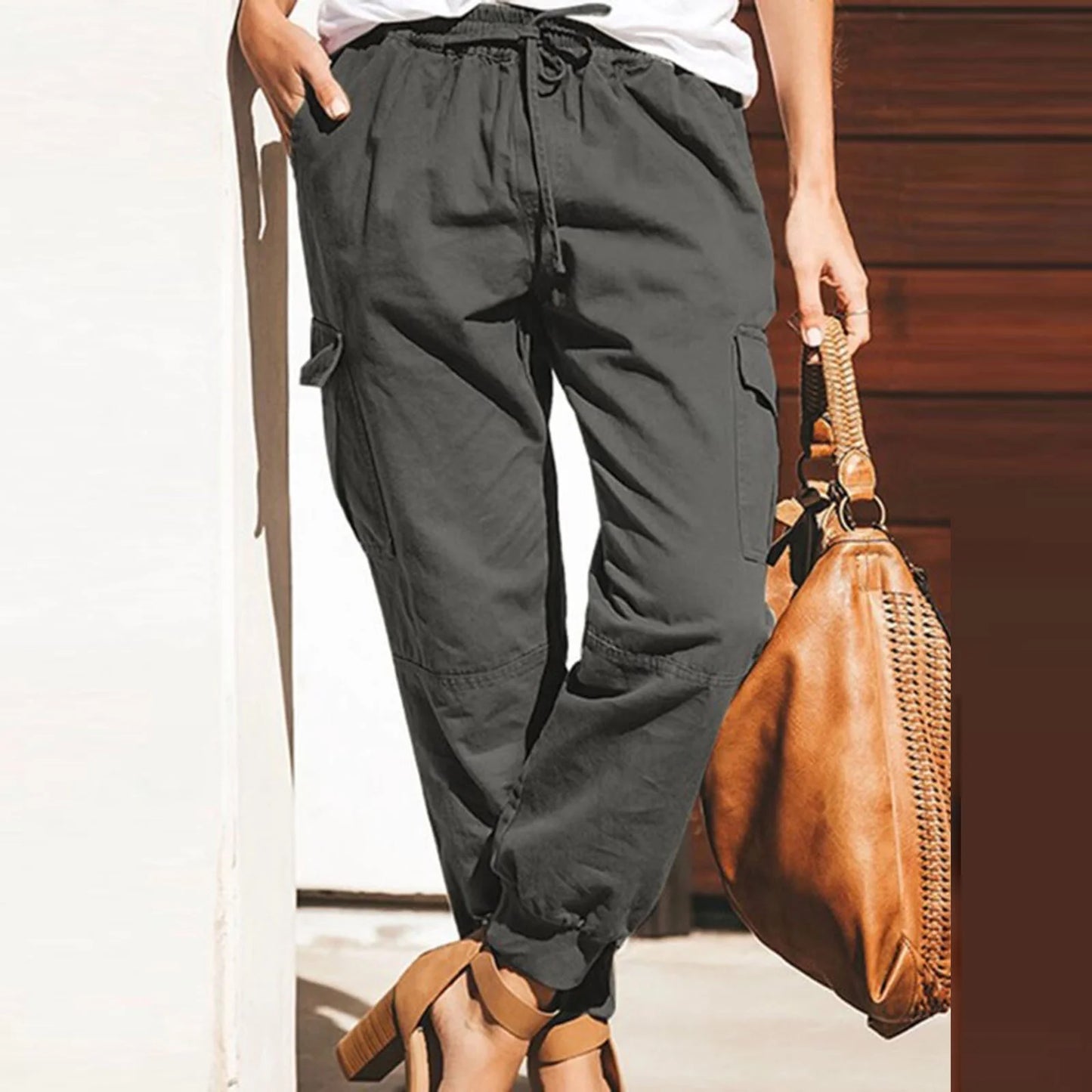 Long Pants for Women Trendy Women plus Size Drawstring Casual Solid Elastic Waist Pocket Loose Pants Gray L JE
