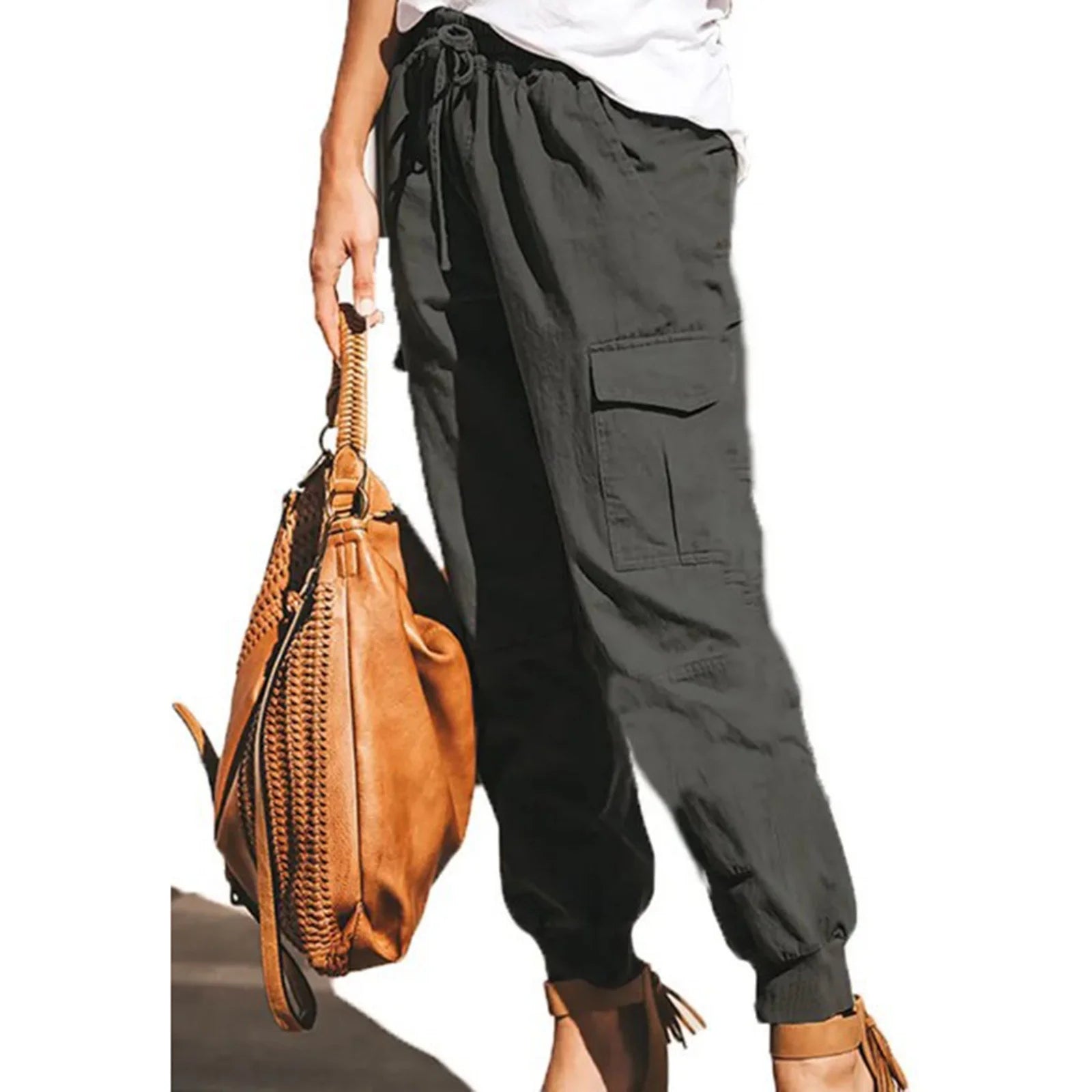 Long Pants for Women Trendy Women plus Size Drawstring Casual Solid Elastic Waist Pocket Loose Pants Gray L JE