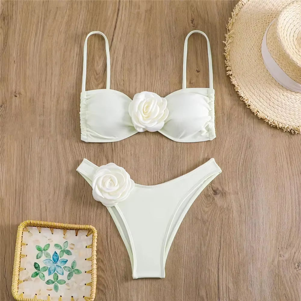 Sexy Flower Bandeau Swimwear Thong Bikini 2025 Women Lace-Up Swimsuit Swimming Bathing Suit Brazilian Bikinis Sets Mujer Biquini