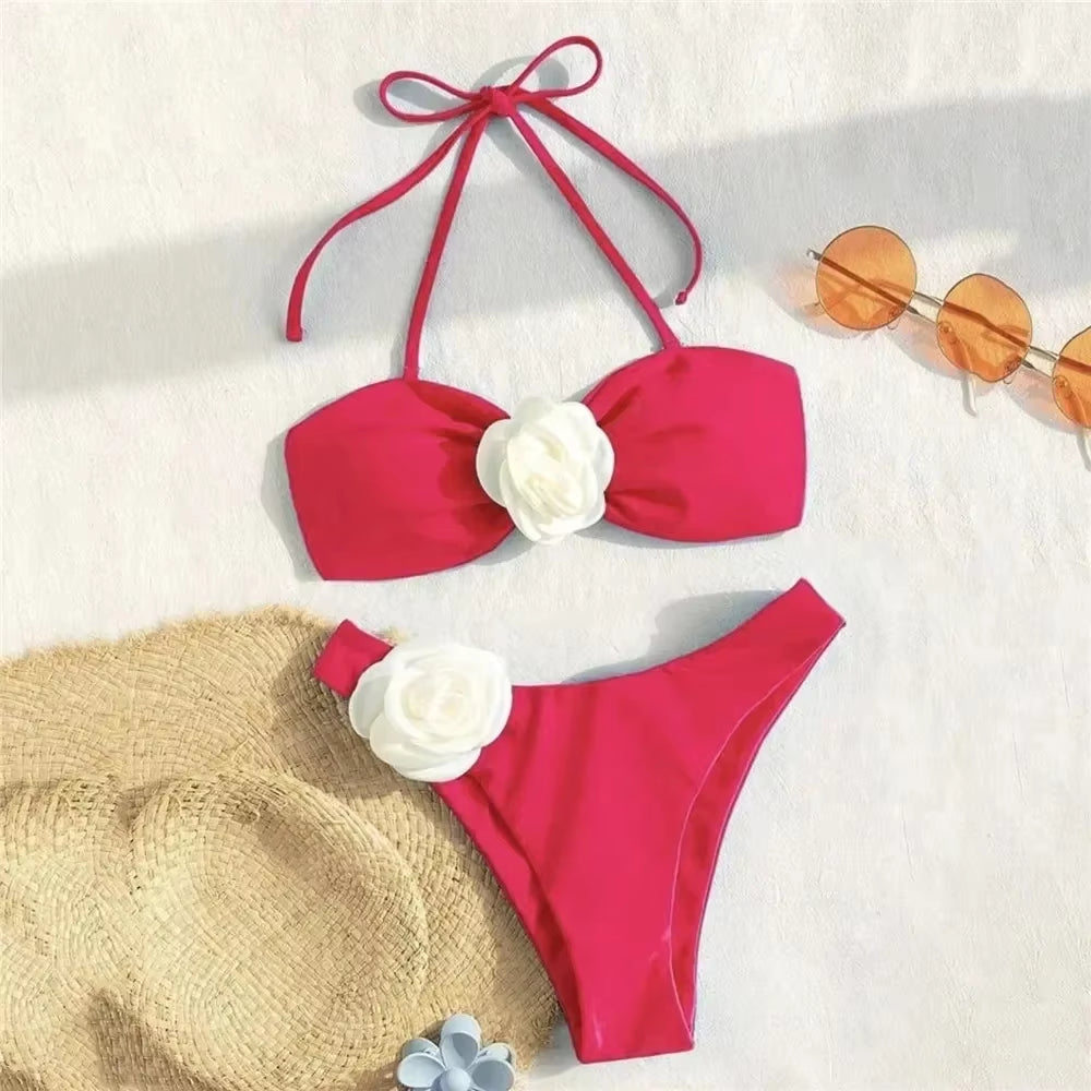 Sexy Flower Bandeau Swimwear Thong Bikini 2025 Women Lace-Up Swimsuit Swimming Bathing Suit Brazilian Bikinis Sets Mujer Biquini
