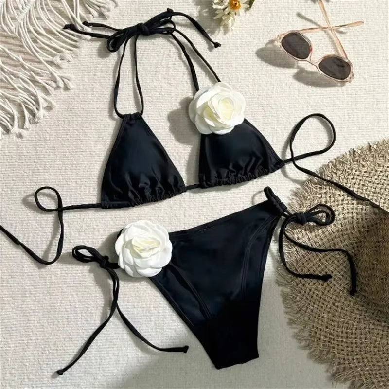 Sexy Flower Bandeau Swimwear Thong Bikini 2025 Women Lace-Up Swimsuit Swimming Bathing Suit Brazilian Bikinis Sets Mujer Biquini