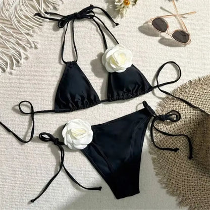Sexy Flower Bandeau Swimwear Thong Bikini 2025 Women Lace-Up Swimsuit Swimming Bathing Suit Brazilian Bikinis Sets Mujer Biquini