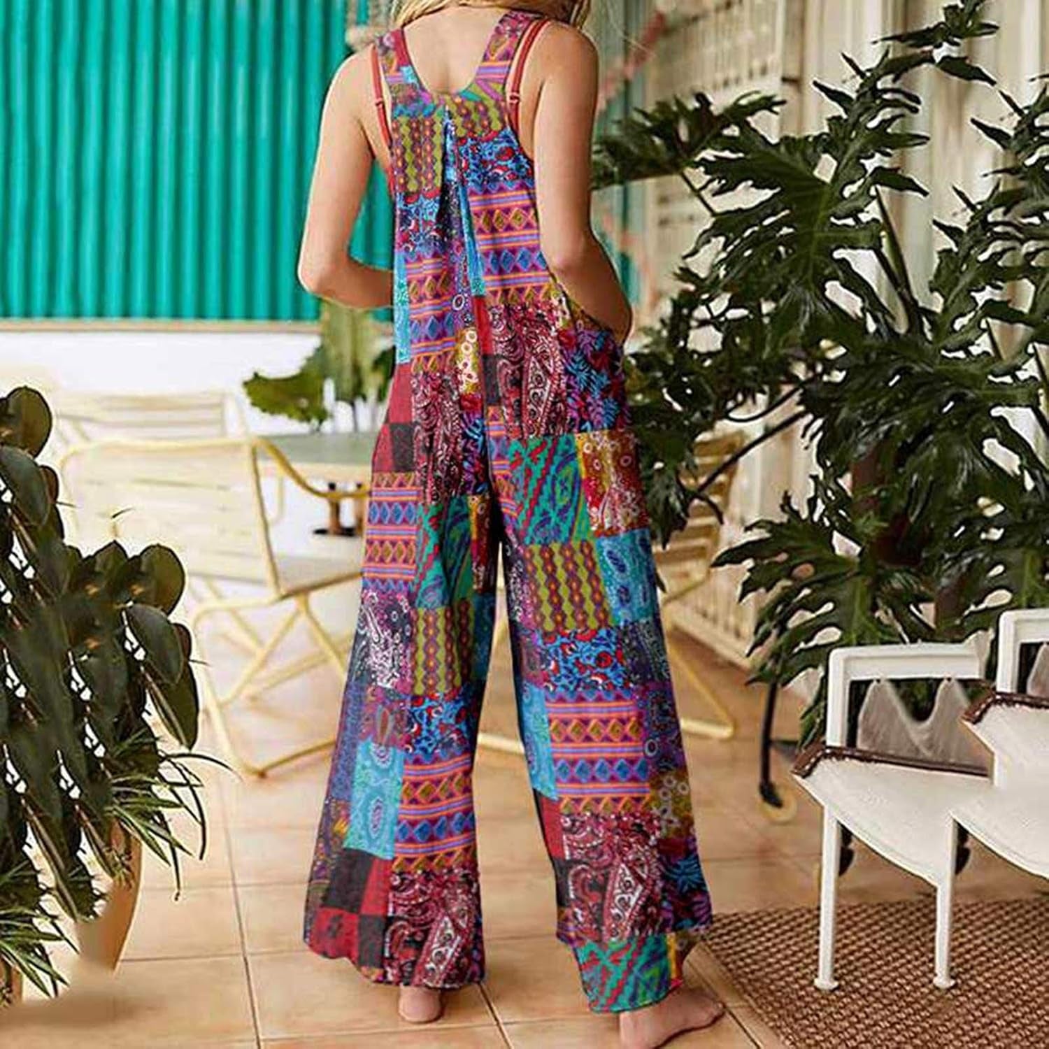 Linen Jumpsuit for Women Casual Suspender Jumpsuit Wide Leg Bib Pants Floral Rompers Overalls with Pockets