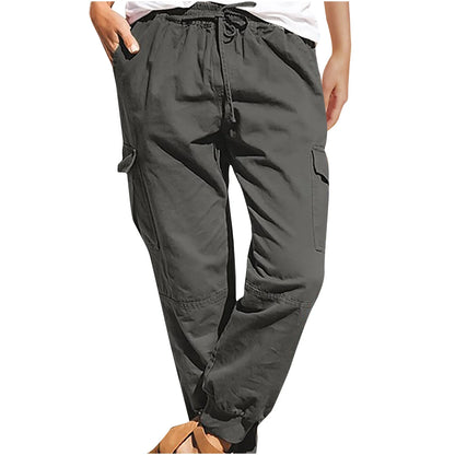 Long Pants for Women Trendy Women plus Size Drawstring Casual Solid Elastic Waist Pocket Loose Pants Gray L JE