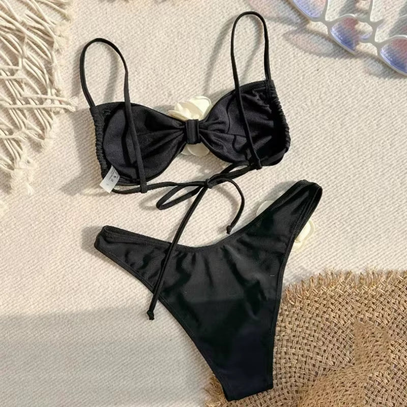 Sexy Flower Bandeau Swimwear Thong Bikini 2025 Women Lace-Up Swimsuit Swimming Bathing Suit Brazilian Bikinis Sets Mujer Biquini