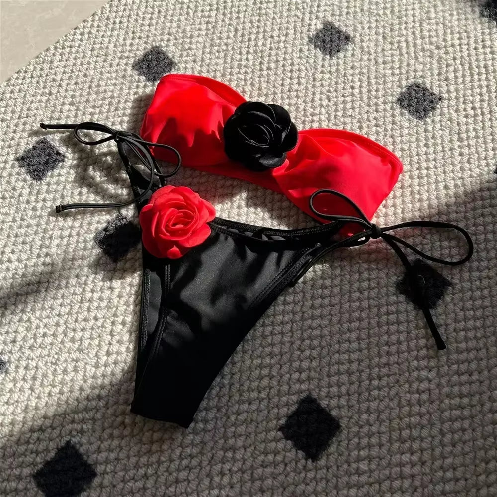 Sexy Flower Bandeau Swimwear Thong Bikini 2025 Women Lace-Up Swimsuit Swimming Bathing Suit Brazilian Bikinis Sets Mujer Biquini