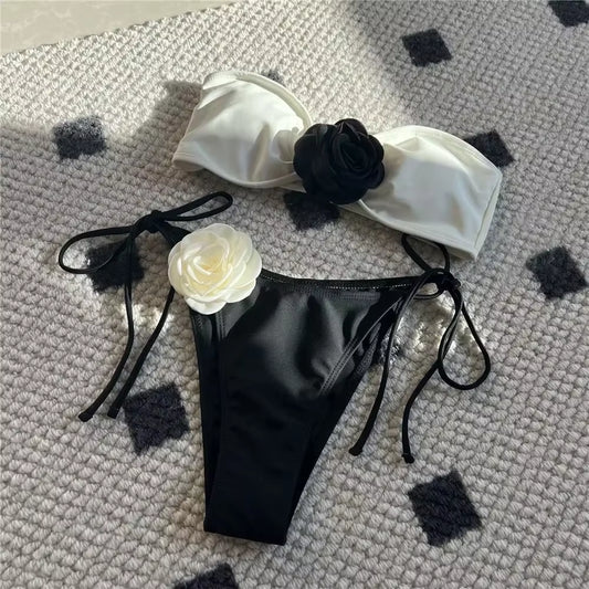 Sexy Flower Bandeau Swimwear Thong Bikini 2025 Women Lace-Up Swimsuit Swimming Bathing Suit Brazilian Bikinis Sets Mujer Biquini