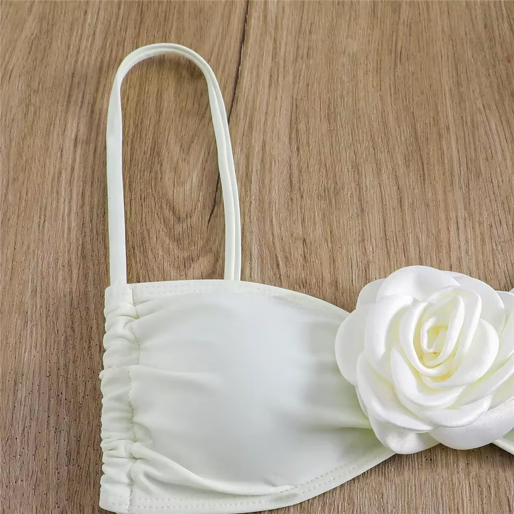 Sexy Flower Bandeau Swimwear Thong Bikini 2025 Women Lace-Up Swimsuit Swimming Bathing Suit Brazilian Bikinis Sets Mujer Biquini
