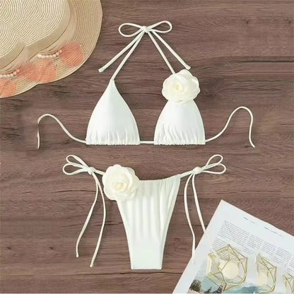 Sexy Flower Bandeau Swimwear Thong Bikini 2025 Women Lace-Up Swimsuit Swimming Bathing Suit Brazilian Bikinis Sets Mujer Biquini