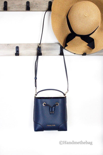Michael Kors Mercer Small Navy Pebbled Leather Bucket Crossbody Bag Purse