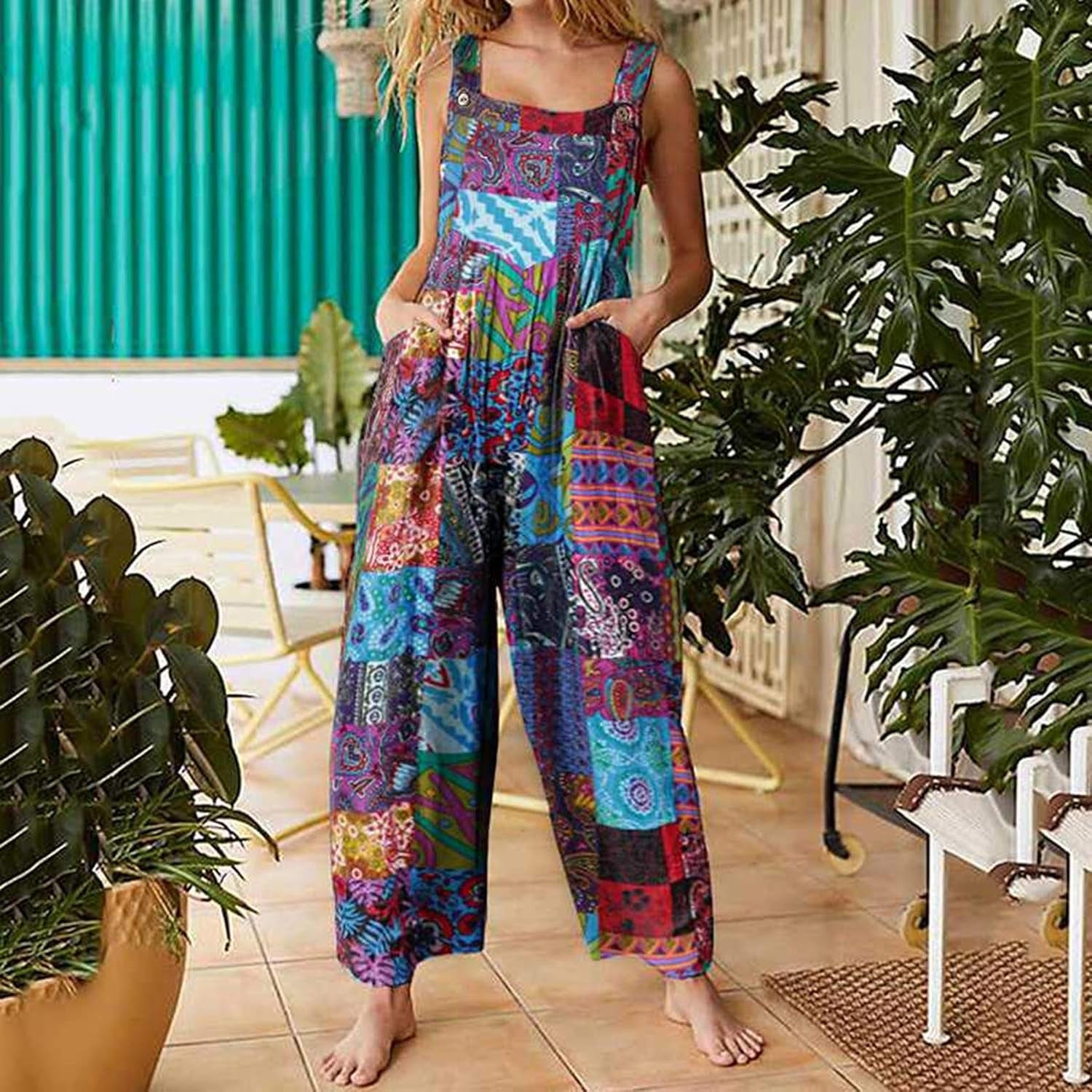 Linen Jumpsuit for Women Casual Suspender Jumpsuit Wide Leg Bib Pants Floral Rompers Overalls with Pockets