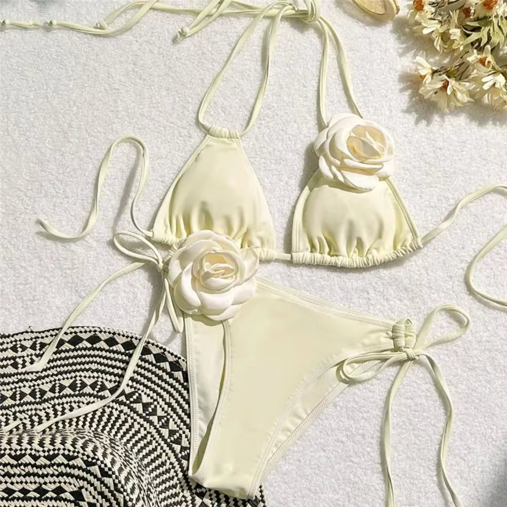 Sexy Flower Bandeau Swimwear Thong Bikini 2025 Women Lace-Up Swimsuit Swimming Bathing Suit Brazilian Bikinis Sets Mujer Biquini