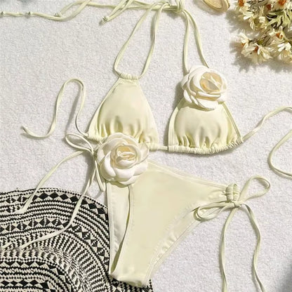 Sexy Flower Bandeau Swimwear Thong Bikini 2025 Women Lace-Up Swimsuit Swimming Bathing Suit Brazilian Bikinis Sets Mujer Biquini